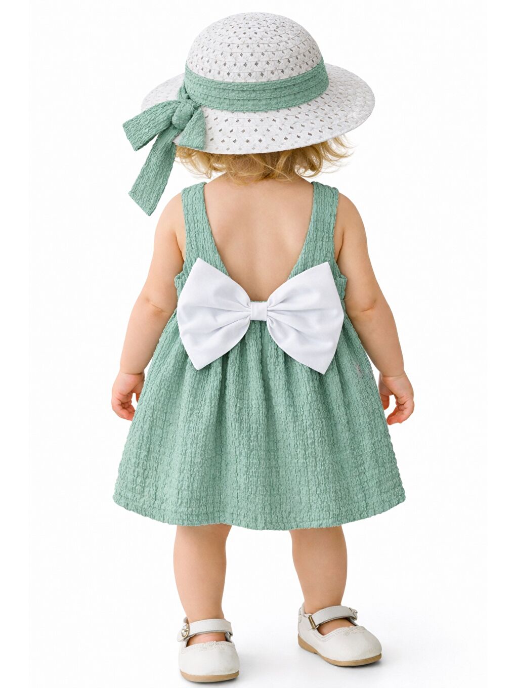 Turkuaz Tatlı Kız Bebek Tarz Elbise Şapkalı Fiyonk Detaylı Yazlık 2’li Kombin-1