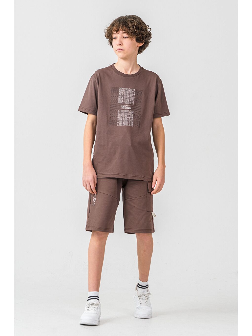 Kahverengi New York City Urban 1992 League Baskılı Kargo Cepli Erkek Çocuk Şort - Tişört Takımı