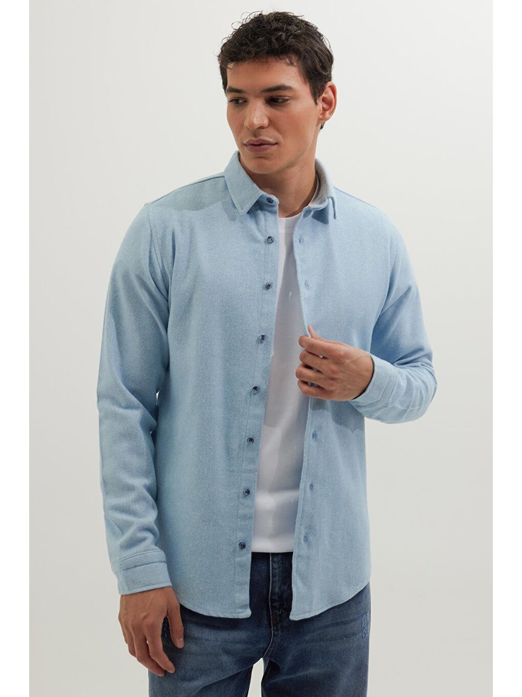 Erkek Slim Fit Dar Kesim Uzun Kollu Düz Kışlık Oduncu Mavi Gömlek