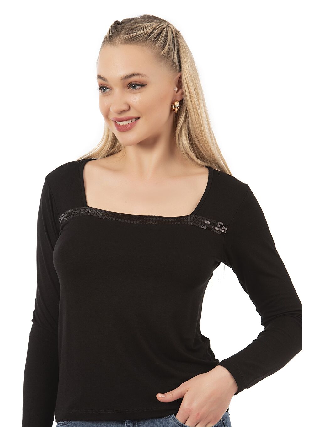 Kadın Viskon Pul Nakışlı Uzun Kol Bluz | Siyah 7429-2