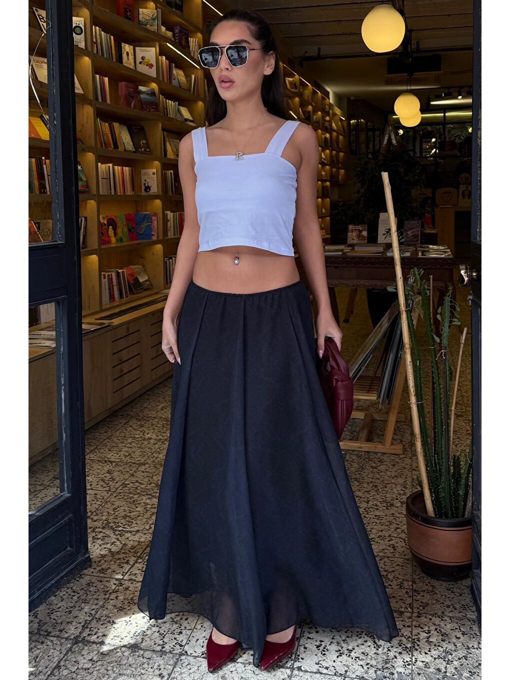 Antrasit Vintage Şifon Maxi Etek Mg2776-1