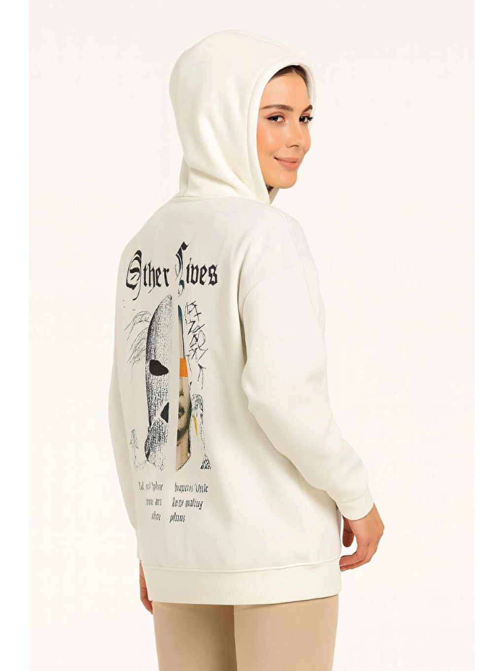 Üç İplik Kapüşonlu Ön Ve Arka Baskılı Sweatshirt Hoodie- Beyaz-3