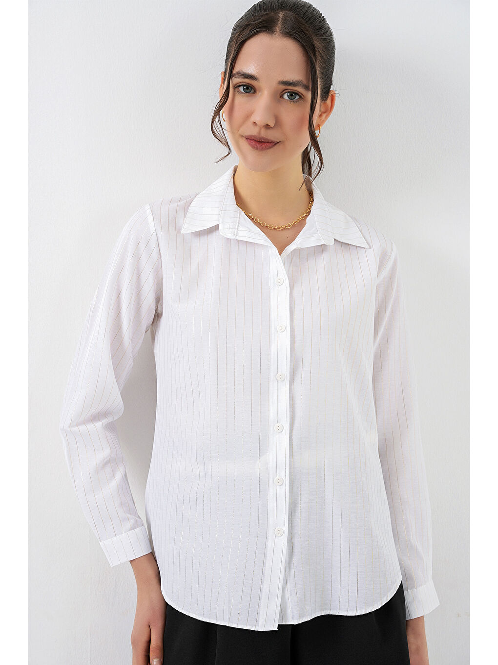 Kadın Varak Desenli Gömlek 20253 - P. Beyaz-1