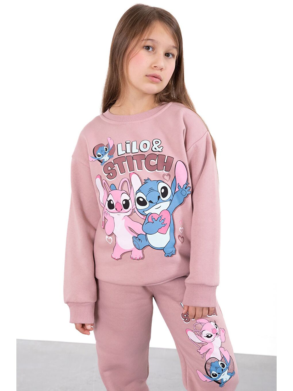 Pembe Gül Kurusu Sevimli Simli Karakter Baskı Şardonlu Kız Çocuk Eşofman Takım 23296-1