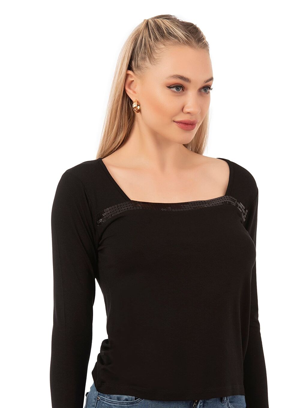 Kadın Viskon Pul Nakışlı Uzun Kol Bluz | Siyah 7429-3