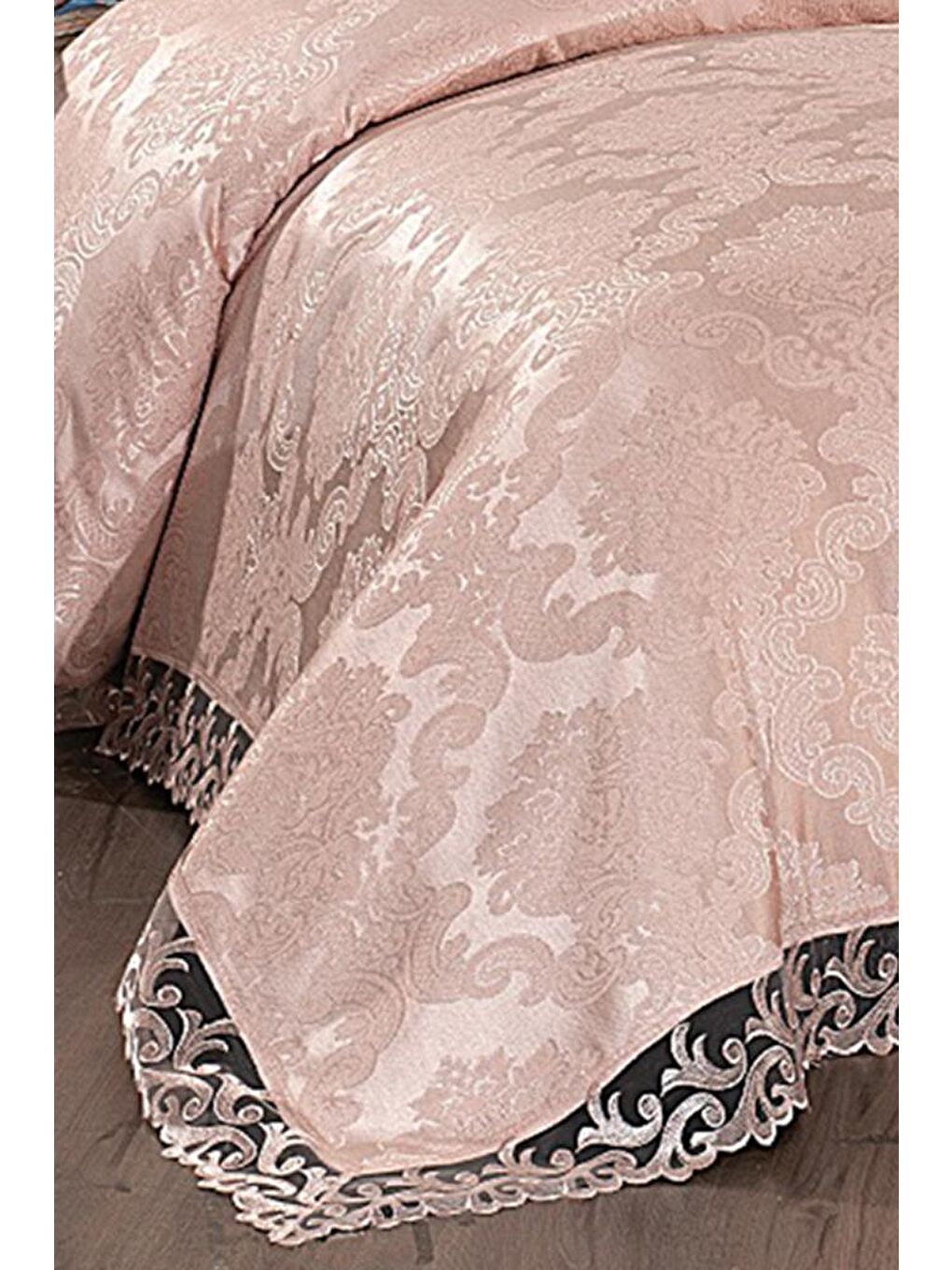 Pembe Fransız Dantelli Belinda Yatak Örtüsü Pudra-1