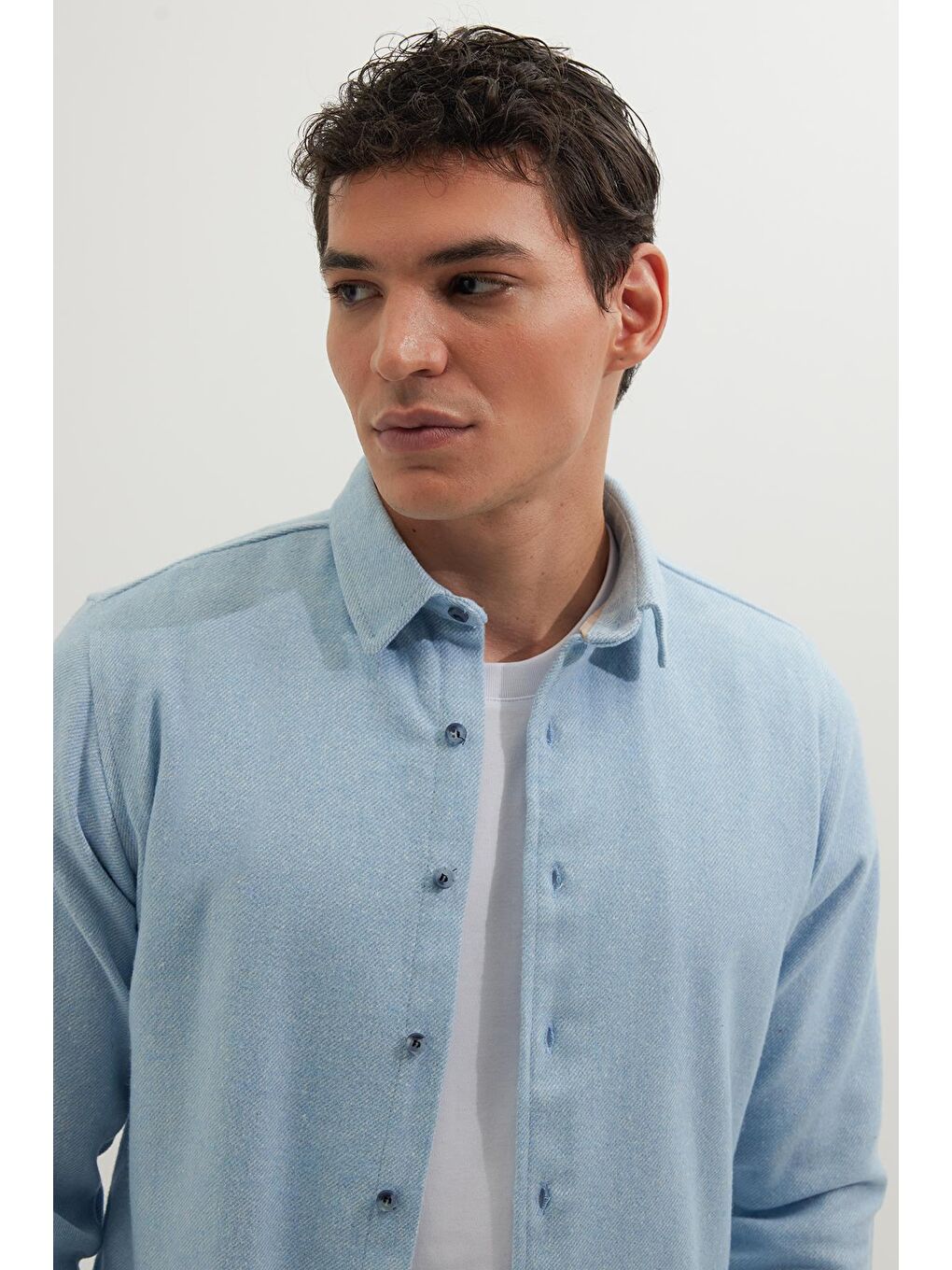 Erkek Slim Fit Dar Kesim Uzun Kollu Düz Kışlık Oduncu Mavi Gömlek-1