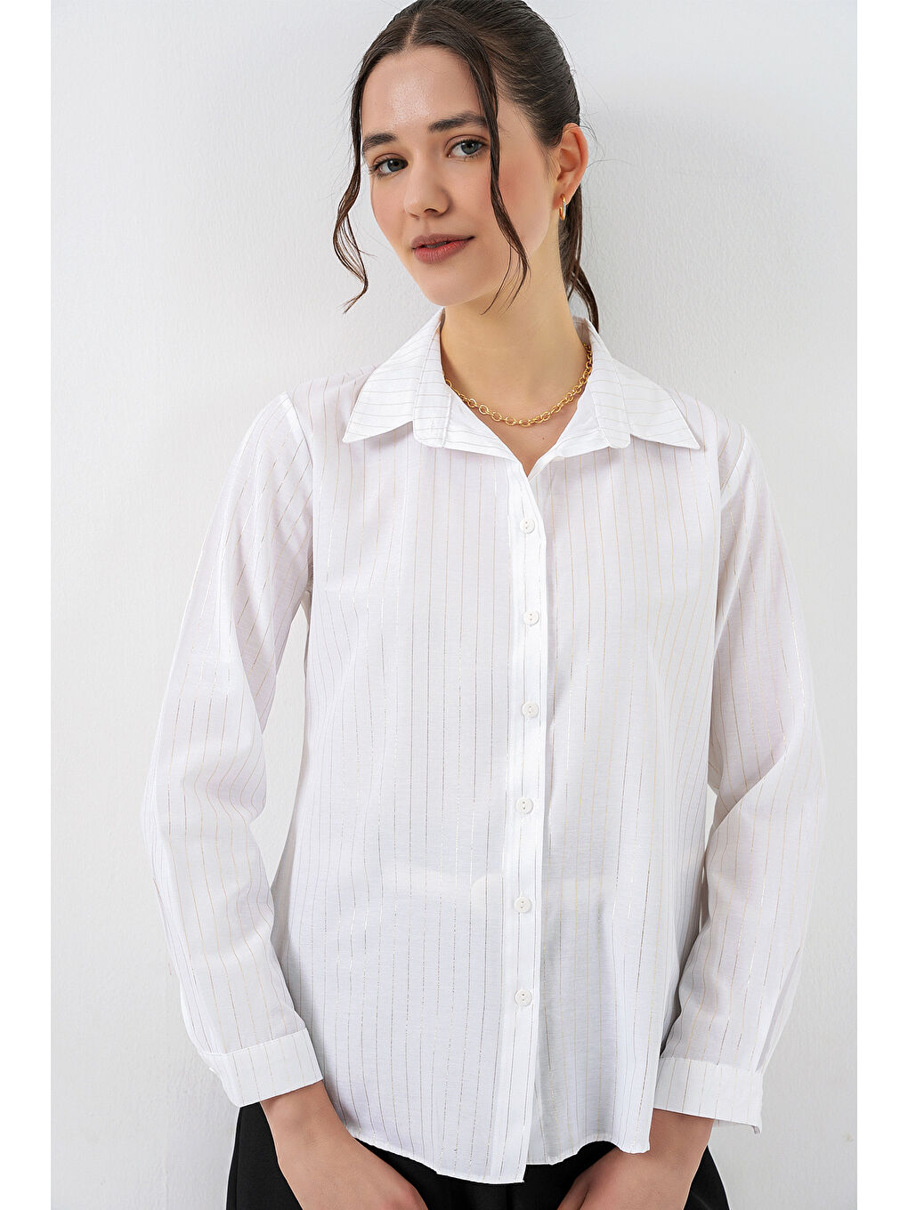 Kadın Varak Desenli Gömlek 20253 - P. Beyaz-2