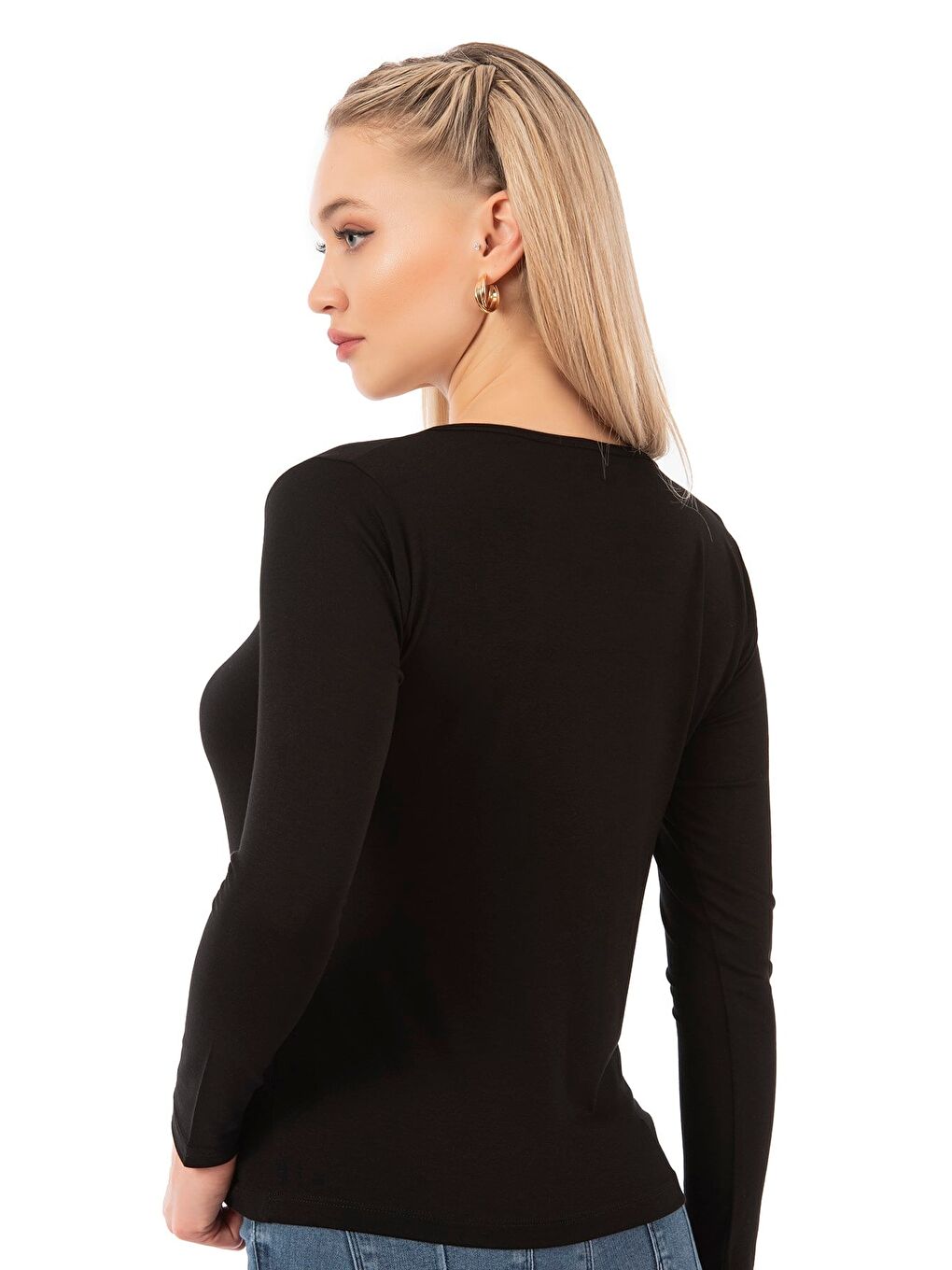 Kadın Viskon Pul Nakışlı Uzun Kol Bluz | Siyah 7429-5