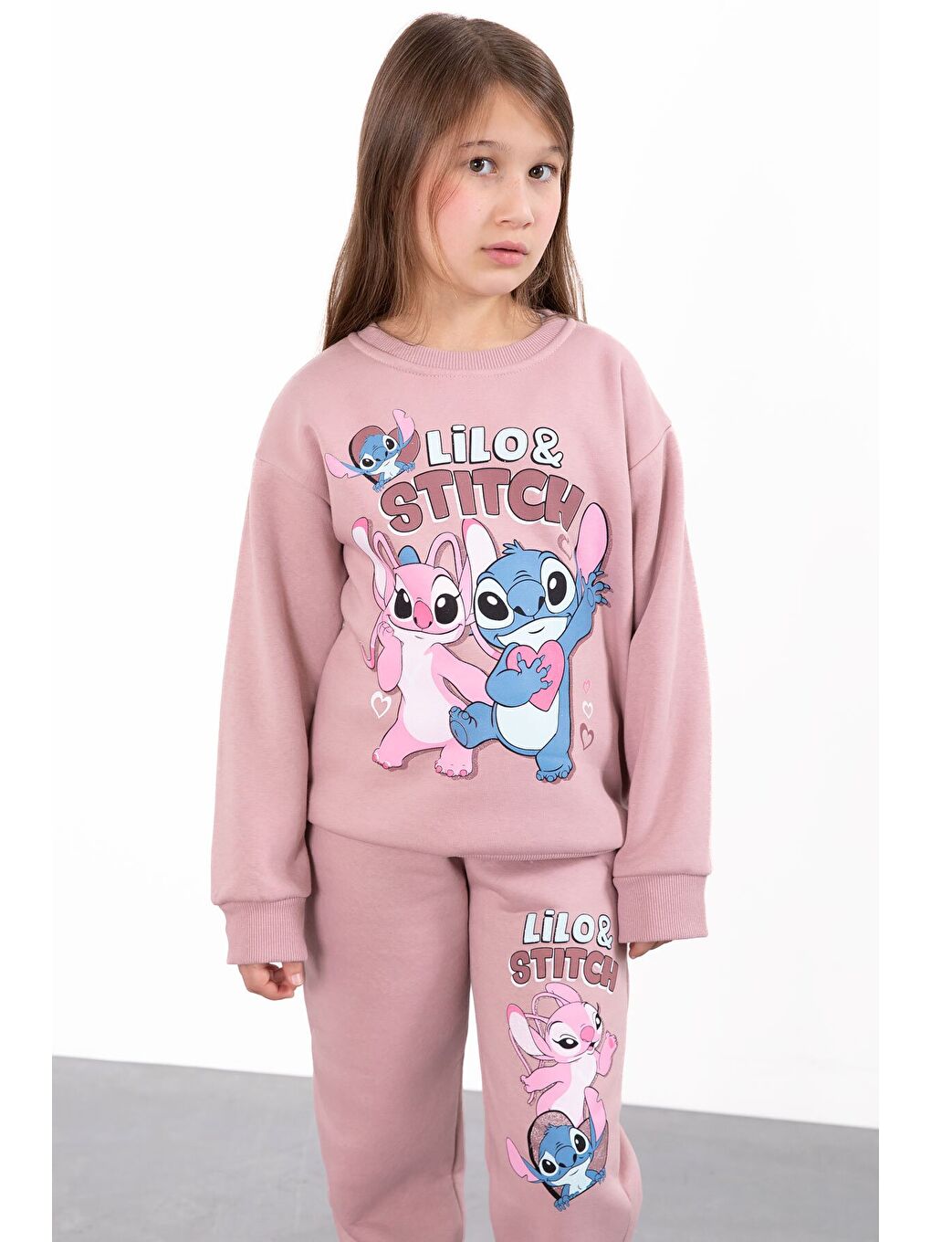 Pembe Gül Kurusu Sevimli Simli Karakter Baskı Şardonlu Kız Çocuk Eşofman Takım 23296-3