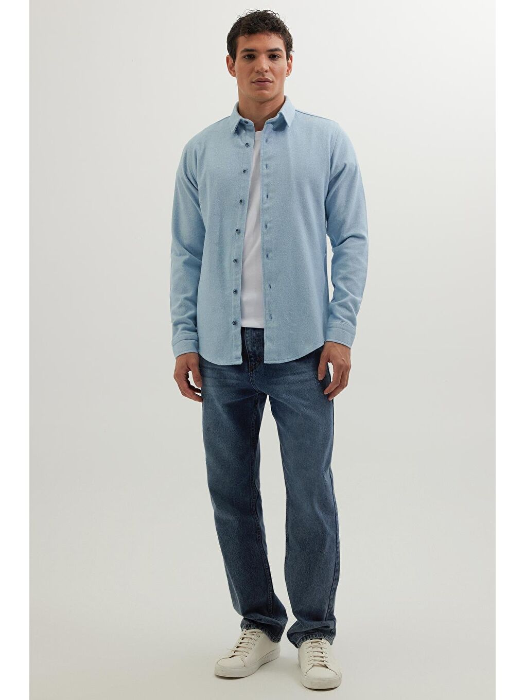 Erkek Slim Fit Dar Kesim Uzun Kollu Düz Kışlık Oduncu Mavi Gömlek-3