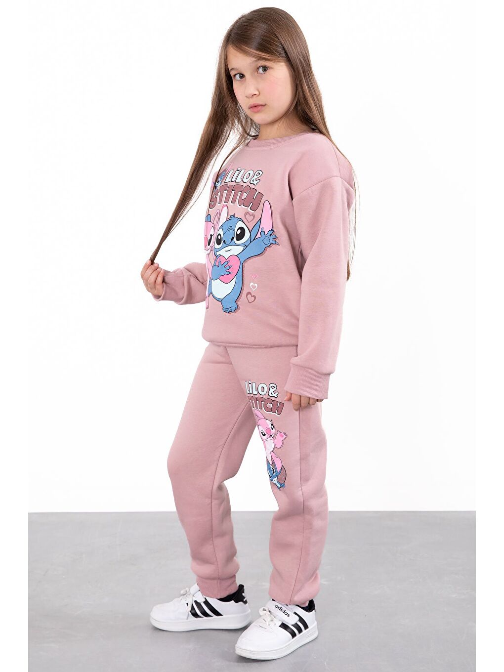 Pembe Gül Kurusu Sevimli Simli Karakter Baskı Şardonlu Kız Çocuk Eşofman Takım 23296-4