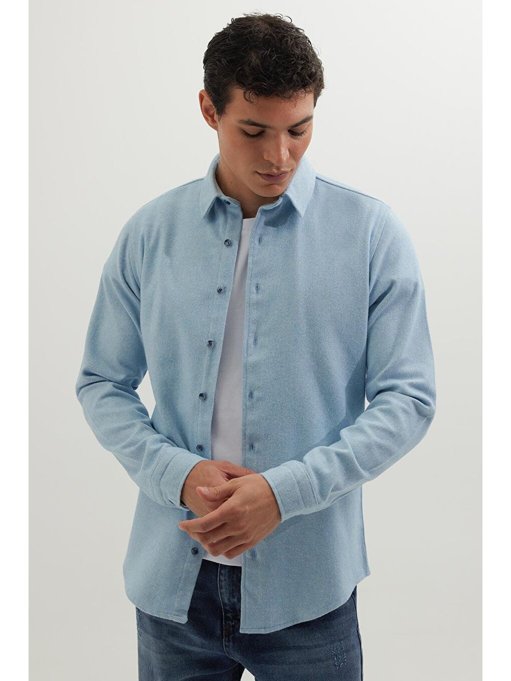 Erkek Slim Fit Dar Kesim Uzun Kollu Düz Kışlık Oduncu Mavi Gömlek-4
