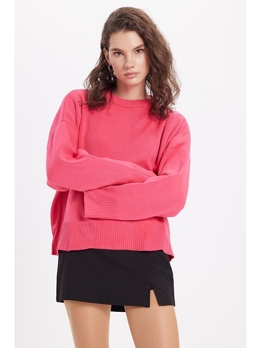 Kadın Oversize Geniş Kesim Bisiklet Yaka Fuşya Kazak