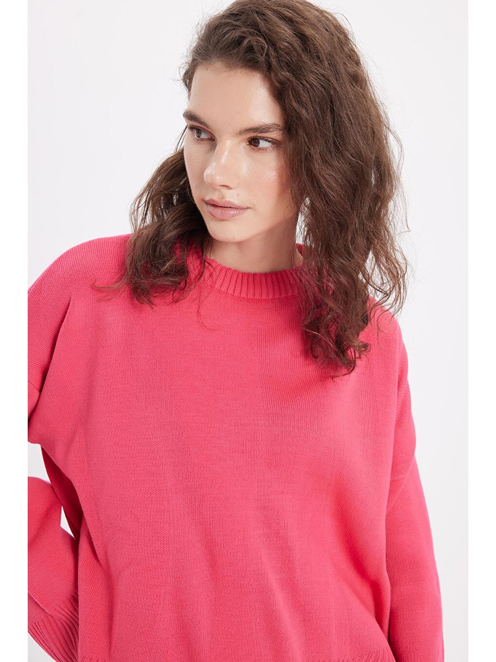 Kadın Oversize Geniş Kesim Bisiklet Yaka Fuşya Kazak-1