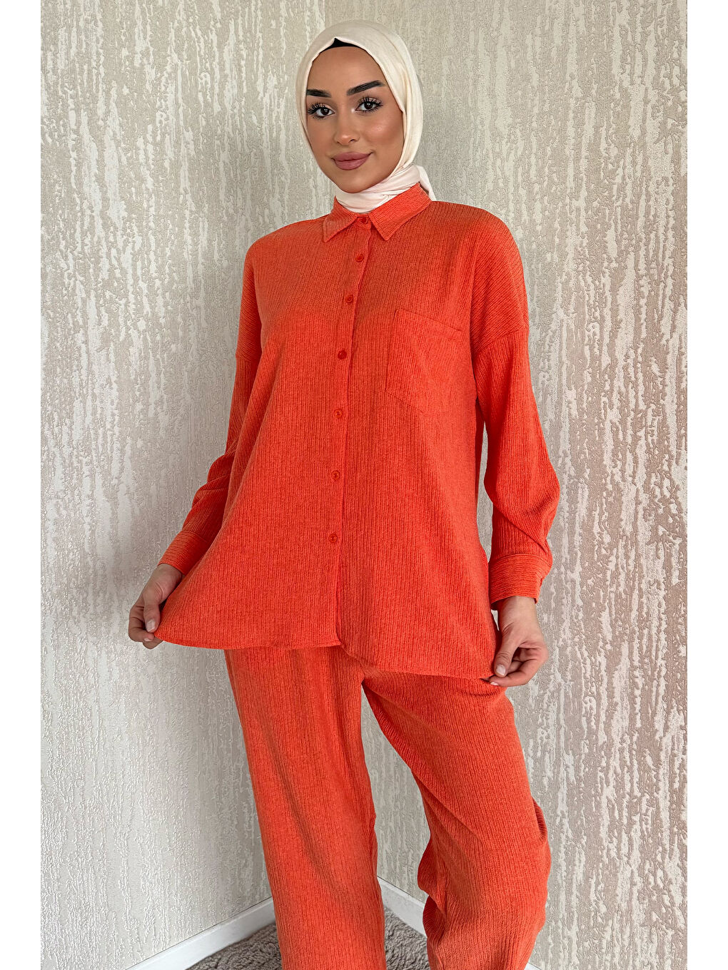 Turuncu Gömlek Pantolon Bürümcük Tesettür İkili Takım-3