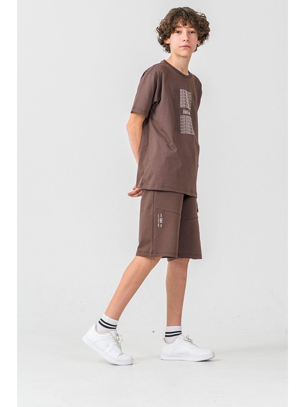 Kahverengi New York City Urban 1992 League Baskılı Kargo Cepli Erkek Çocuk Şort - Tişört Takımı-3