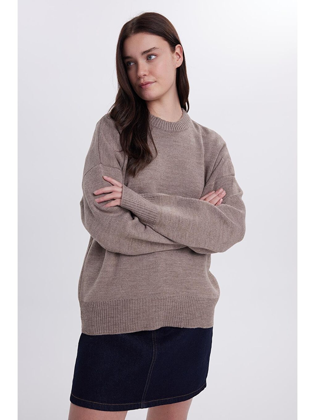 Bej Kadın Oversize Geniş Kesim Bisiklet Yaka Vizon Kazak-1