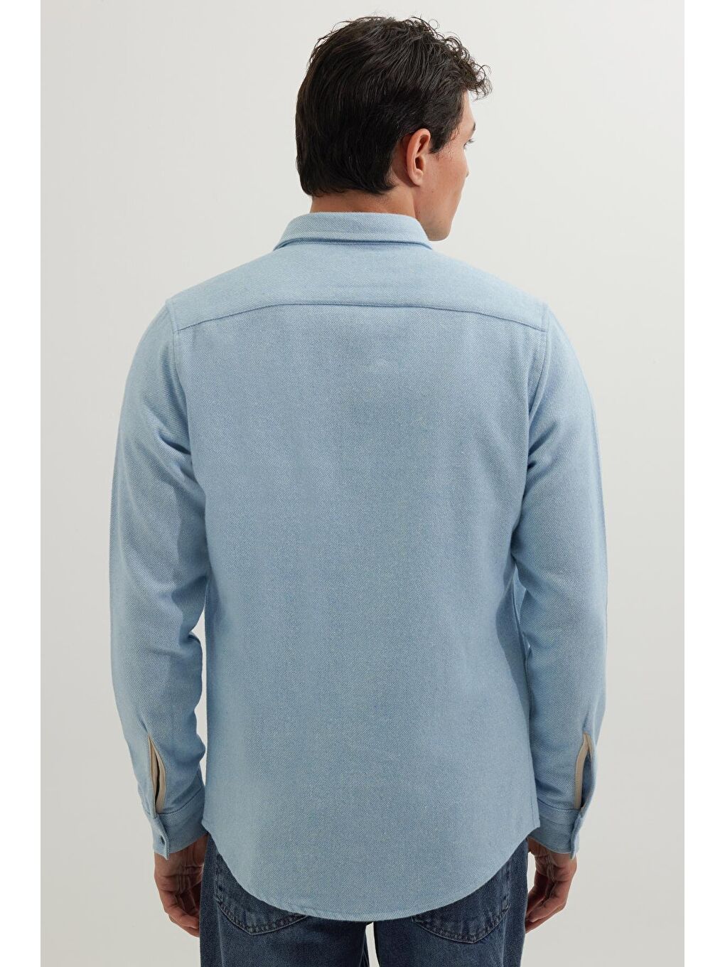 Erkek Slim Fit Dar Kesim Uzun Kollu Düz Kışlık Oduncu Mavi Gömlek-6