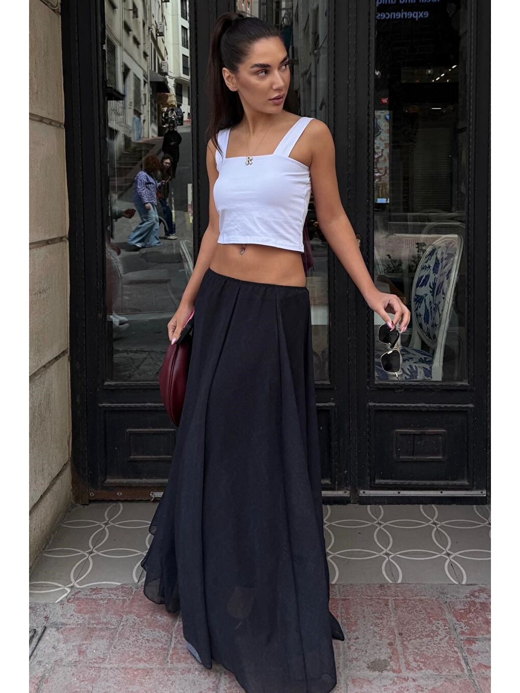 Antrasit Vintage Şifon Maxi Etek Mg2776-5