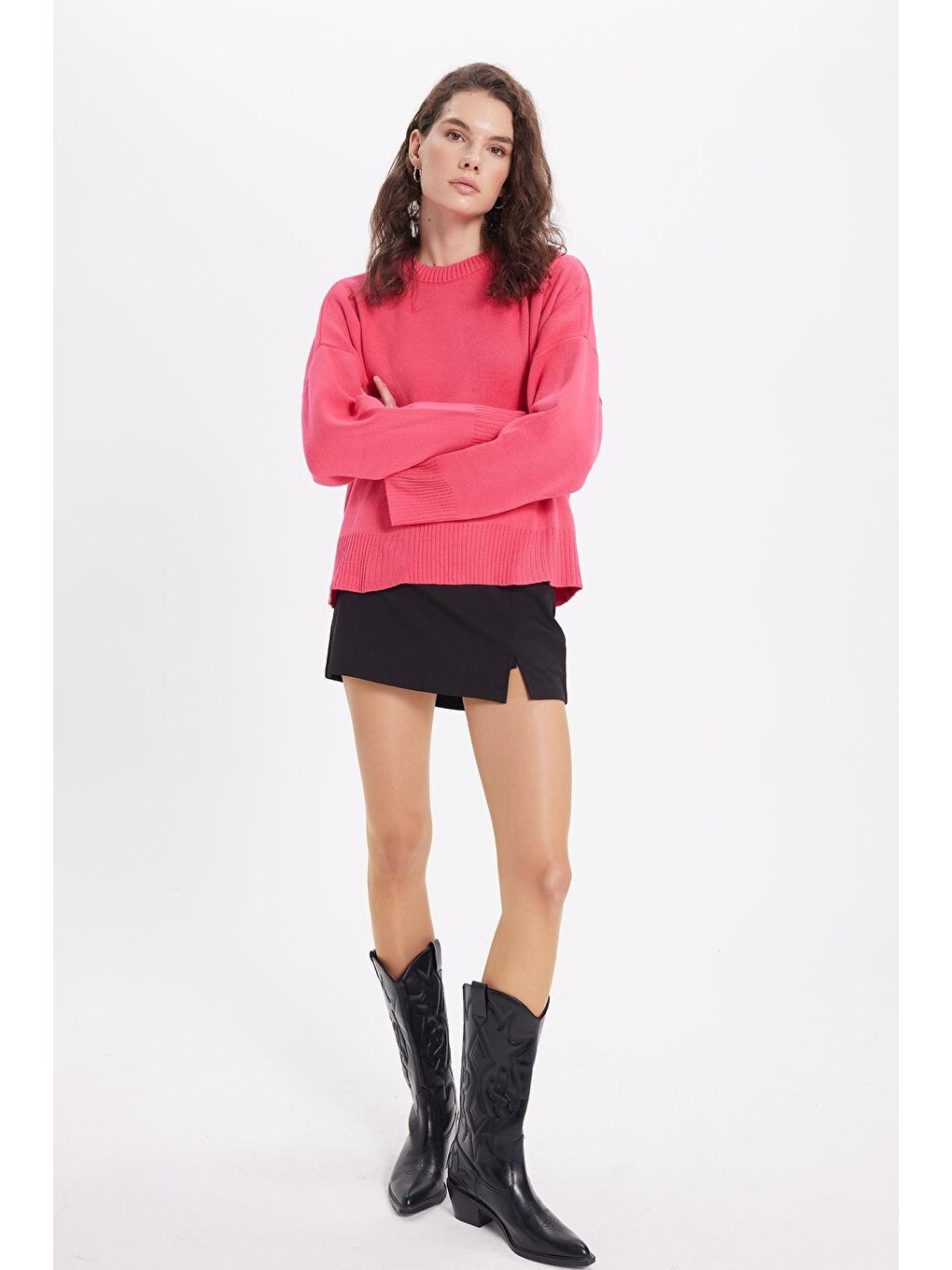 Kadın Oversize Geniş Kesim Bisiklet Yaka Fuşya Kazak-3