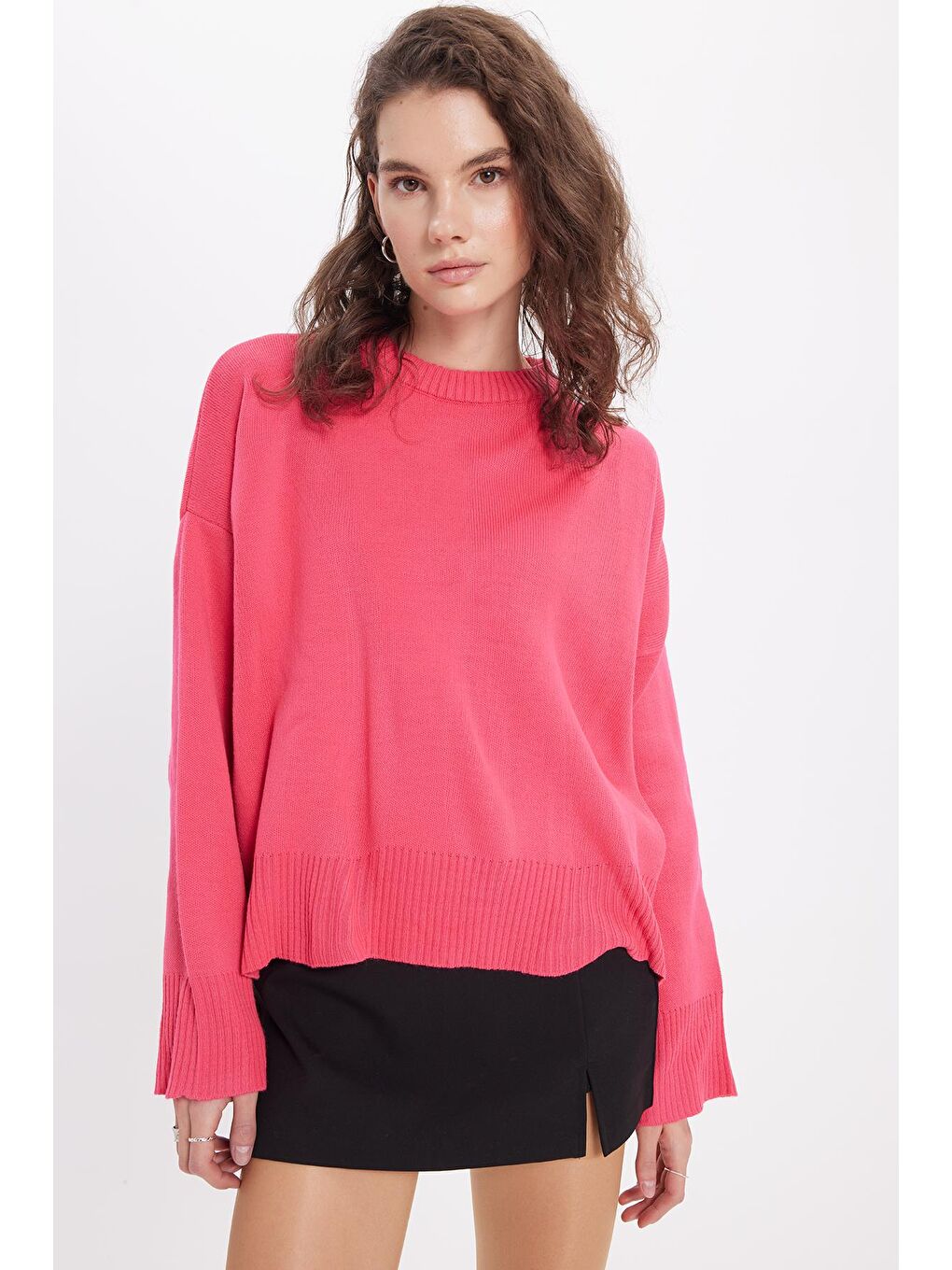 Kadın Oversize Geniş Kesim Bisiklet Yaka Fuşya Kazak-4