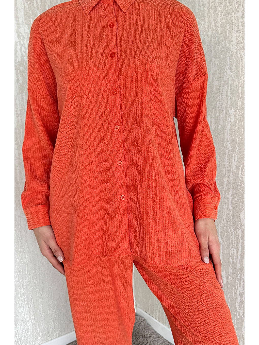 Turuncu Gömlek Pantolon Bürümcük Tesettür İkili Takım-5