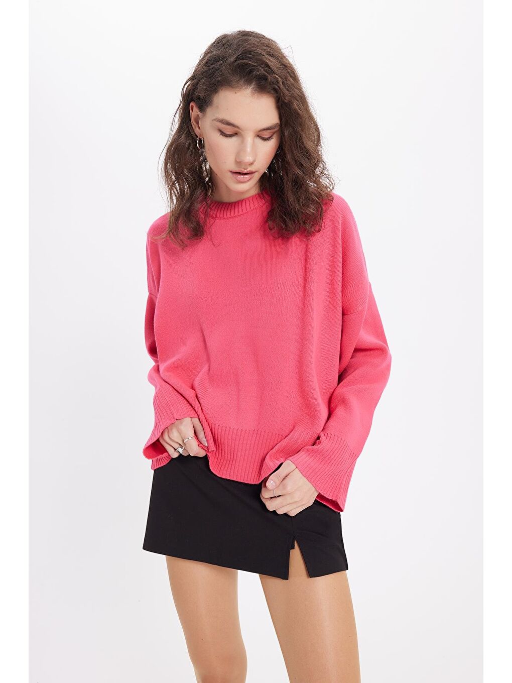 Kadın Oversize Geniş Kesim Bisiklet Yaka Fuşya Kazak-5