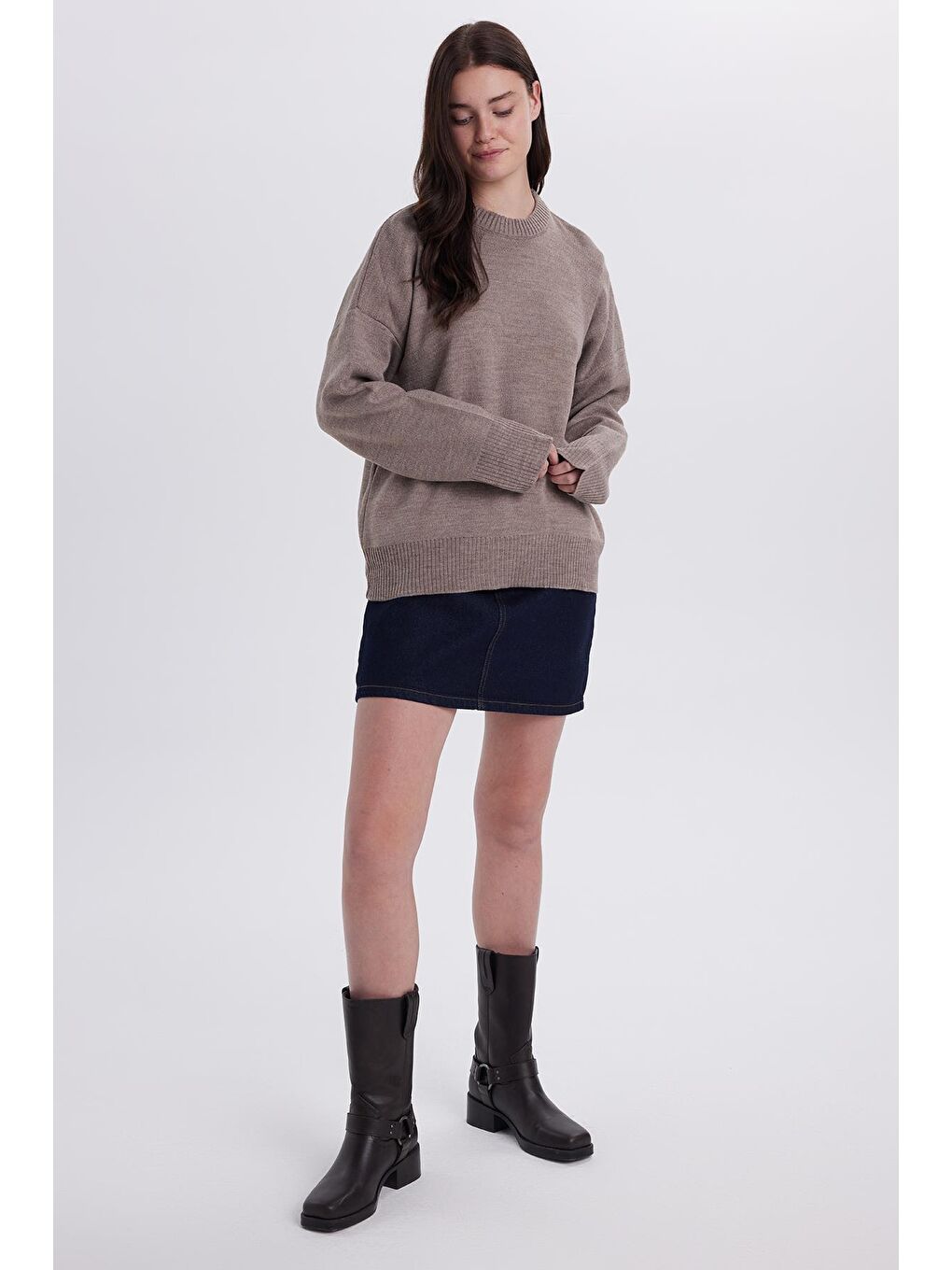 Bej Kadın Oversize Geniş Kesim Bisiklet Yaka Vizon Kazak-4