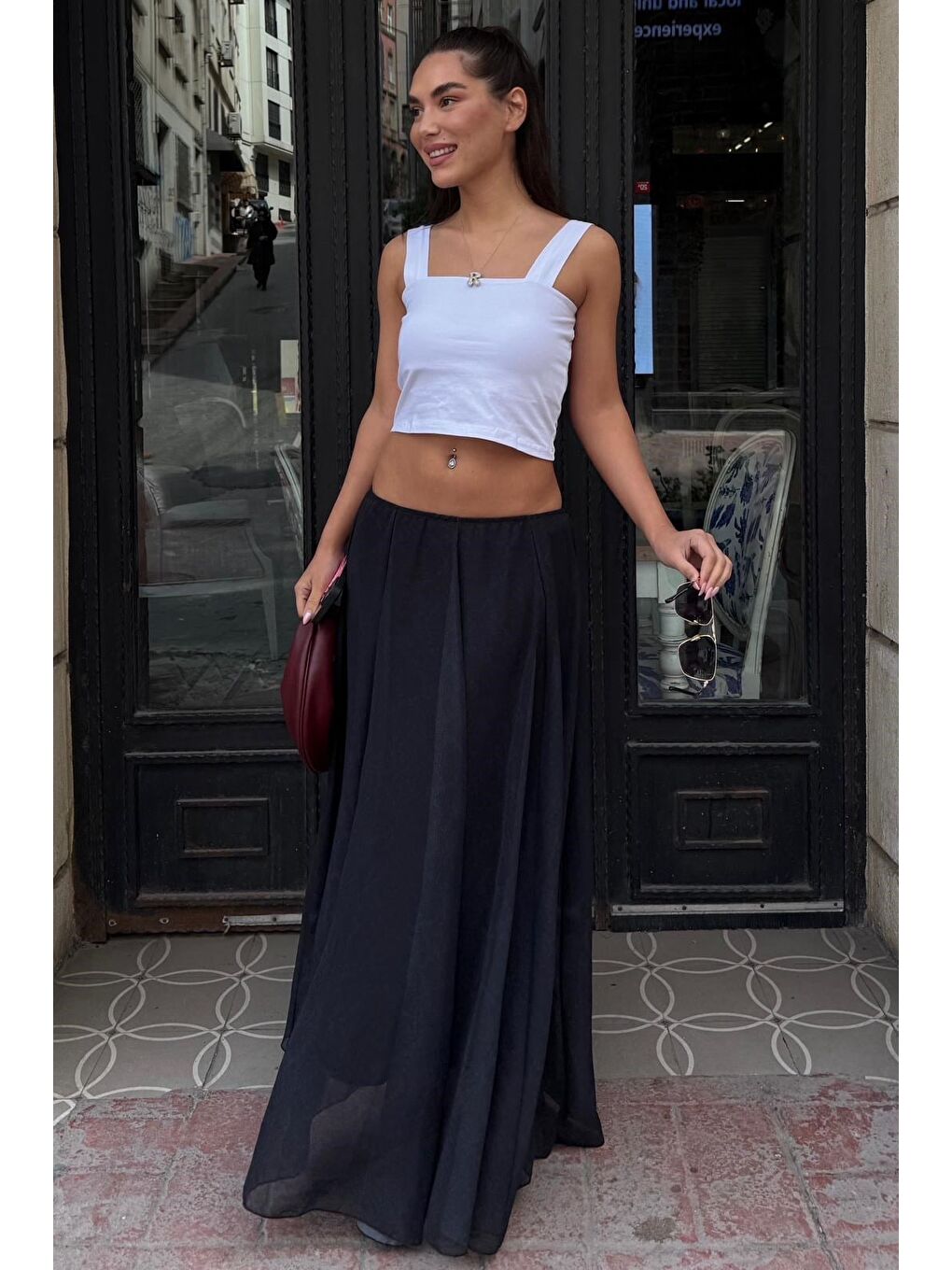 Antrasit Vintage Şifon Maxi Etek Mg2776-6