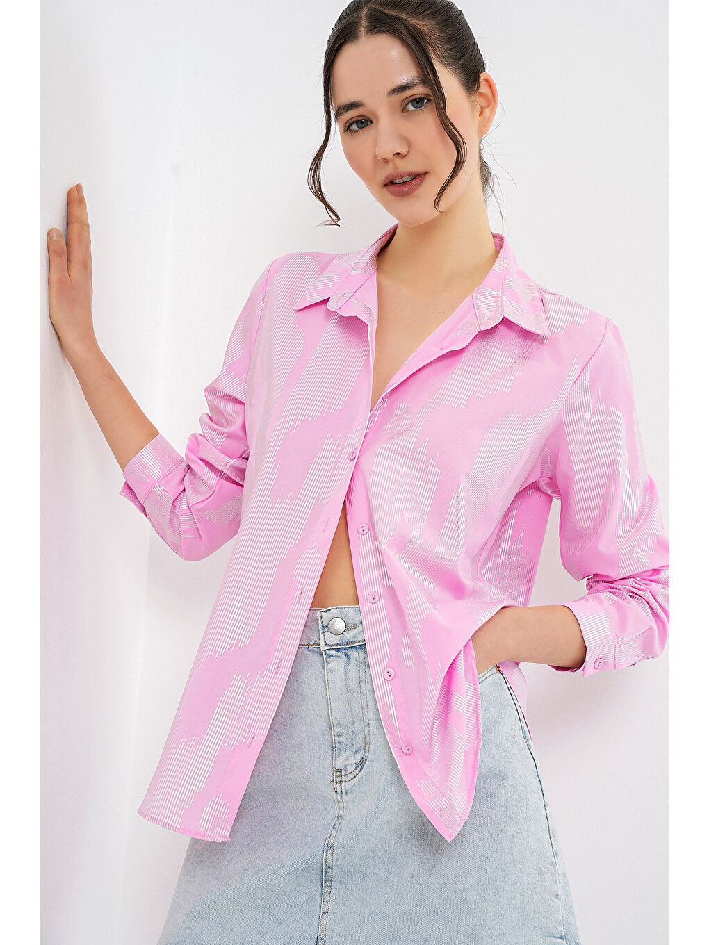 Kadın Varak Desenli Gömlek 20253 - A. Pembe-1