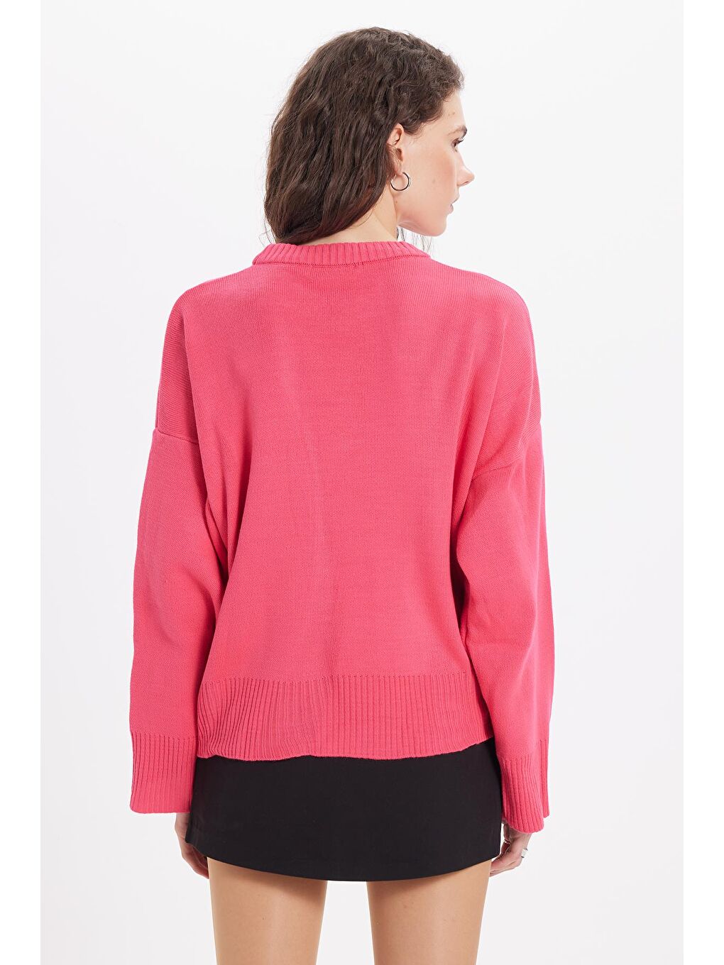 Kadın Oversize Geniş Kesim Bisiklet Yaka Fuşya Kazak-7