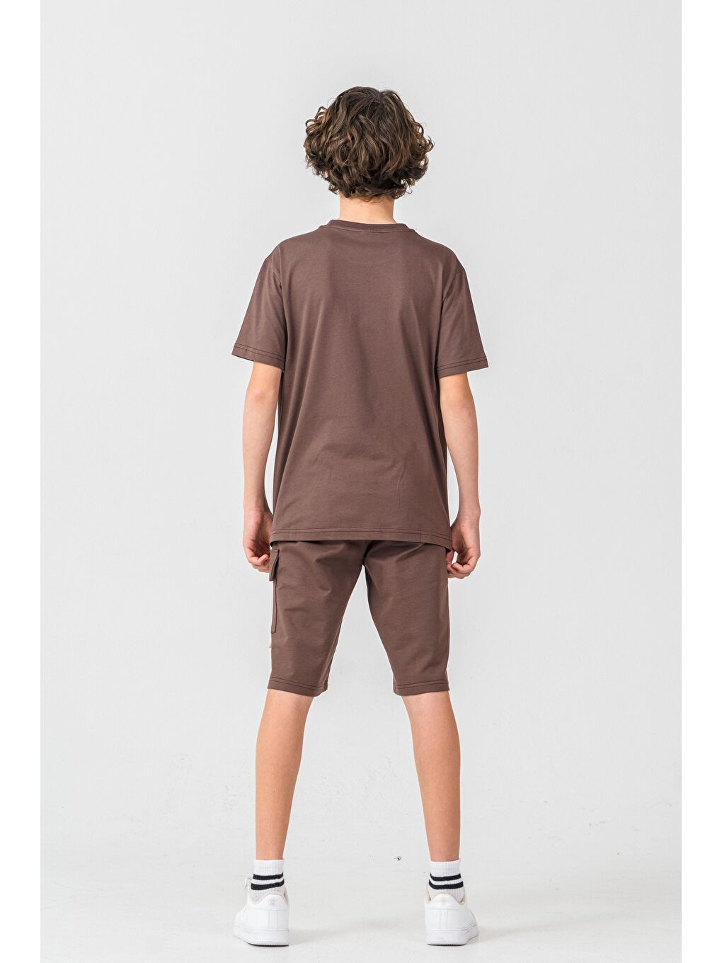Kahverengi New York City Urban 1992 League Baskılı Kargo Cepli Erkek Çocuk Şort - Tişört Takımı-5