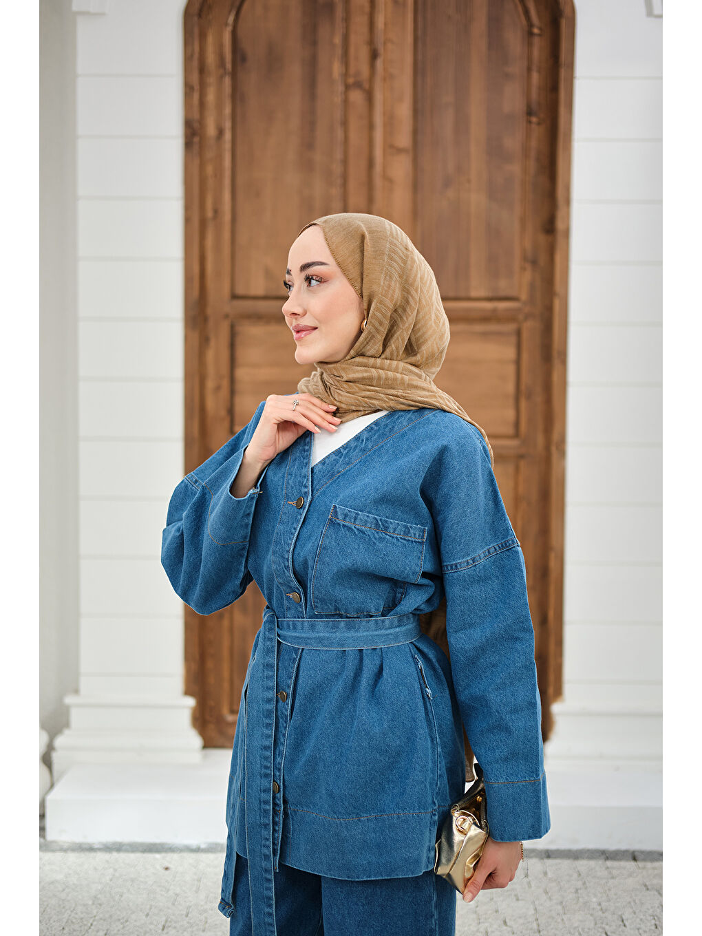 Kadın Cep Detay Bel Bağlamalı Jean Takım Mavi-1