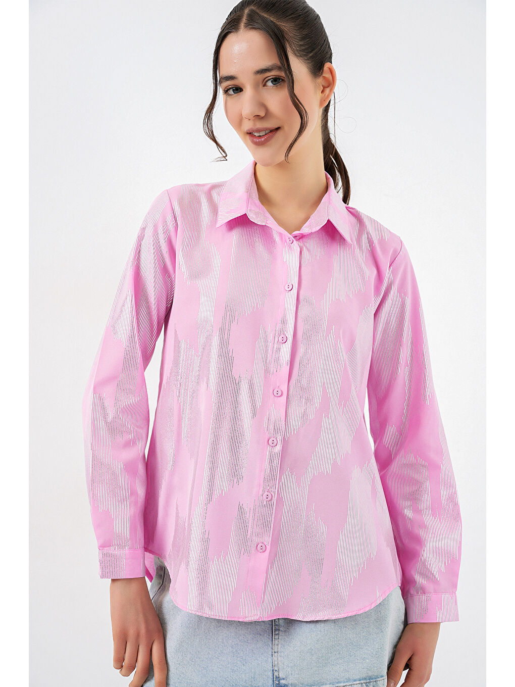 Kadın Varak Desenli Gömlek 20253 - A. Pembe-2