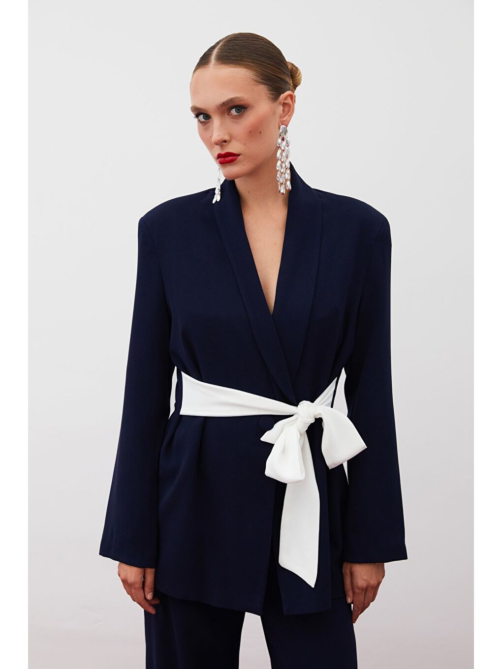 Beli Kuşaklı Uzun Ceket - Lacivert-4