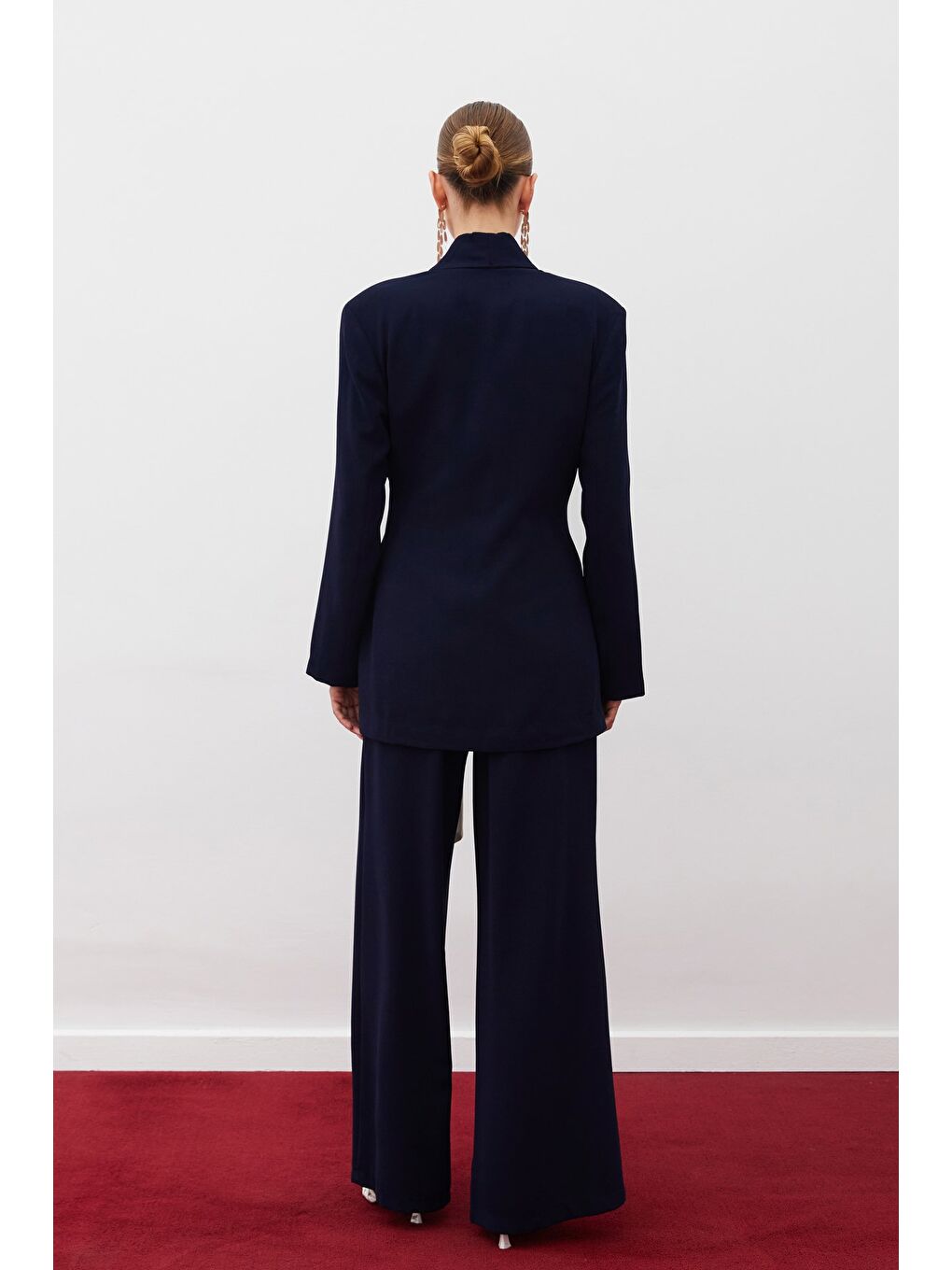 Beli Kuşaklı Uzun Ceket - Lacivert-5