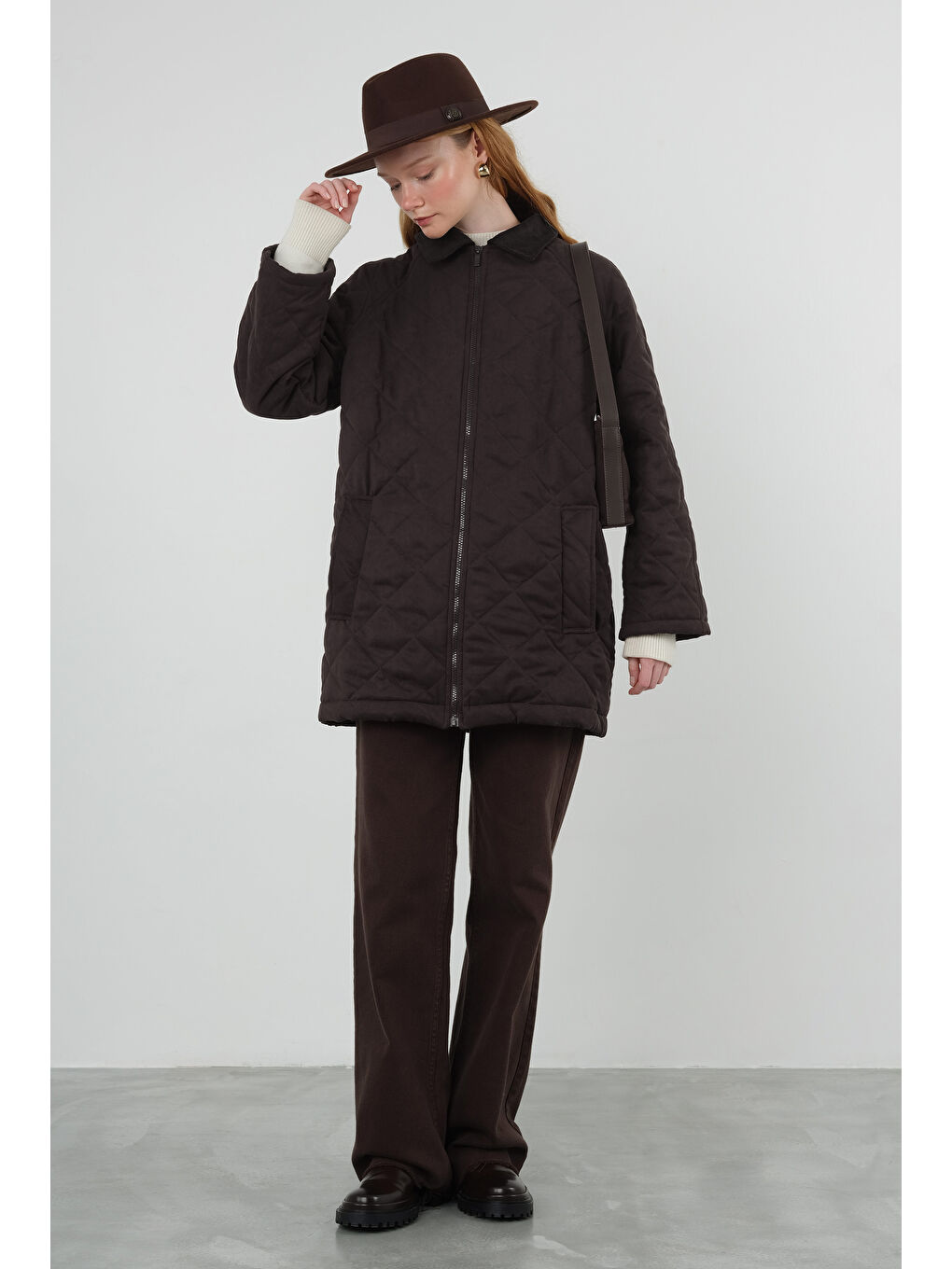 Kahverengi Süet Kapitone Mont Acı Kahve