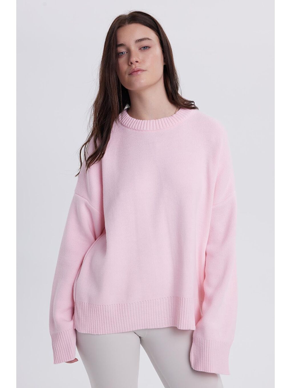 Kadın Oversize Geniş Kesim Bisiklet Yaka Pembe Kazak