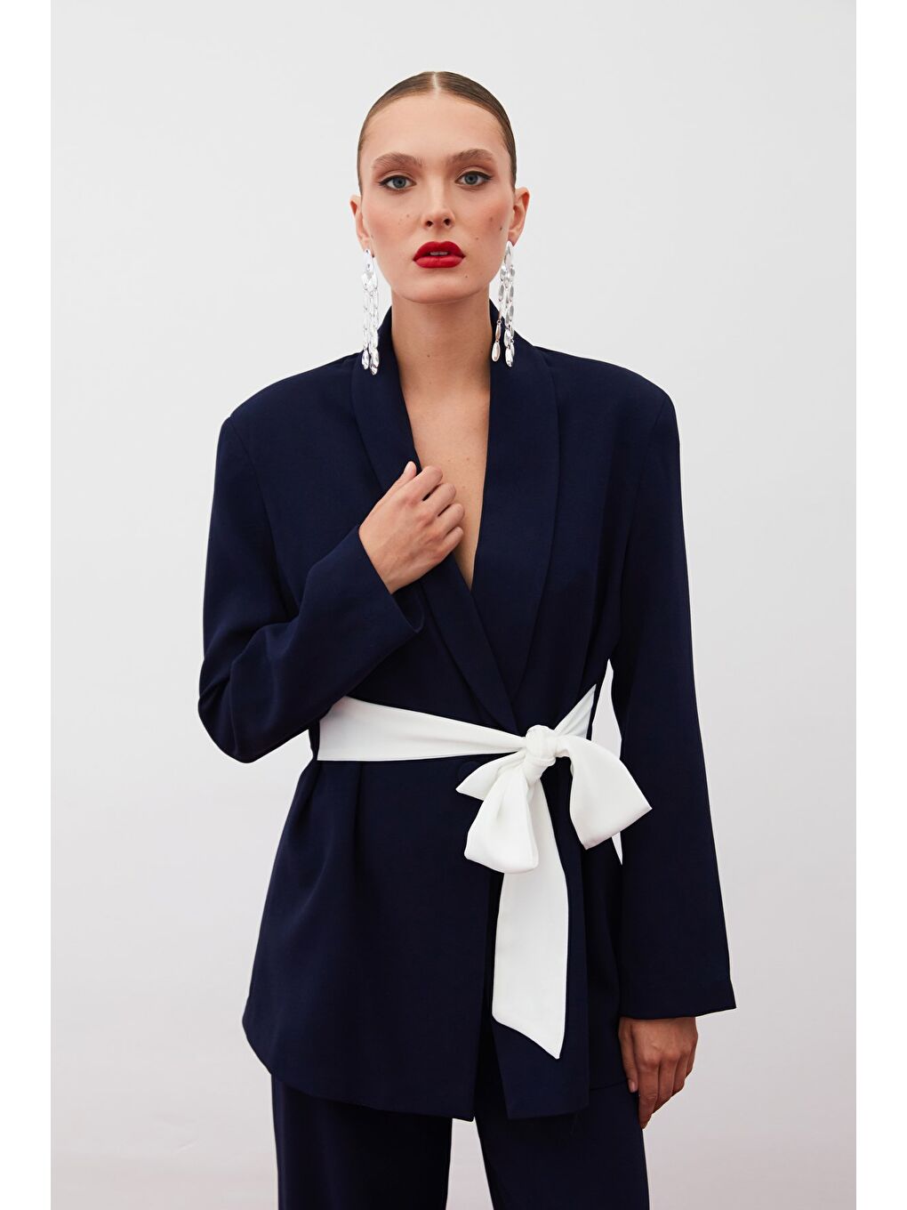 Beli Kuşaklı Uzun Ceket - Lacivert-6