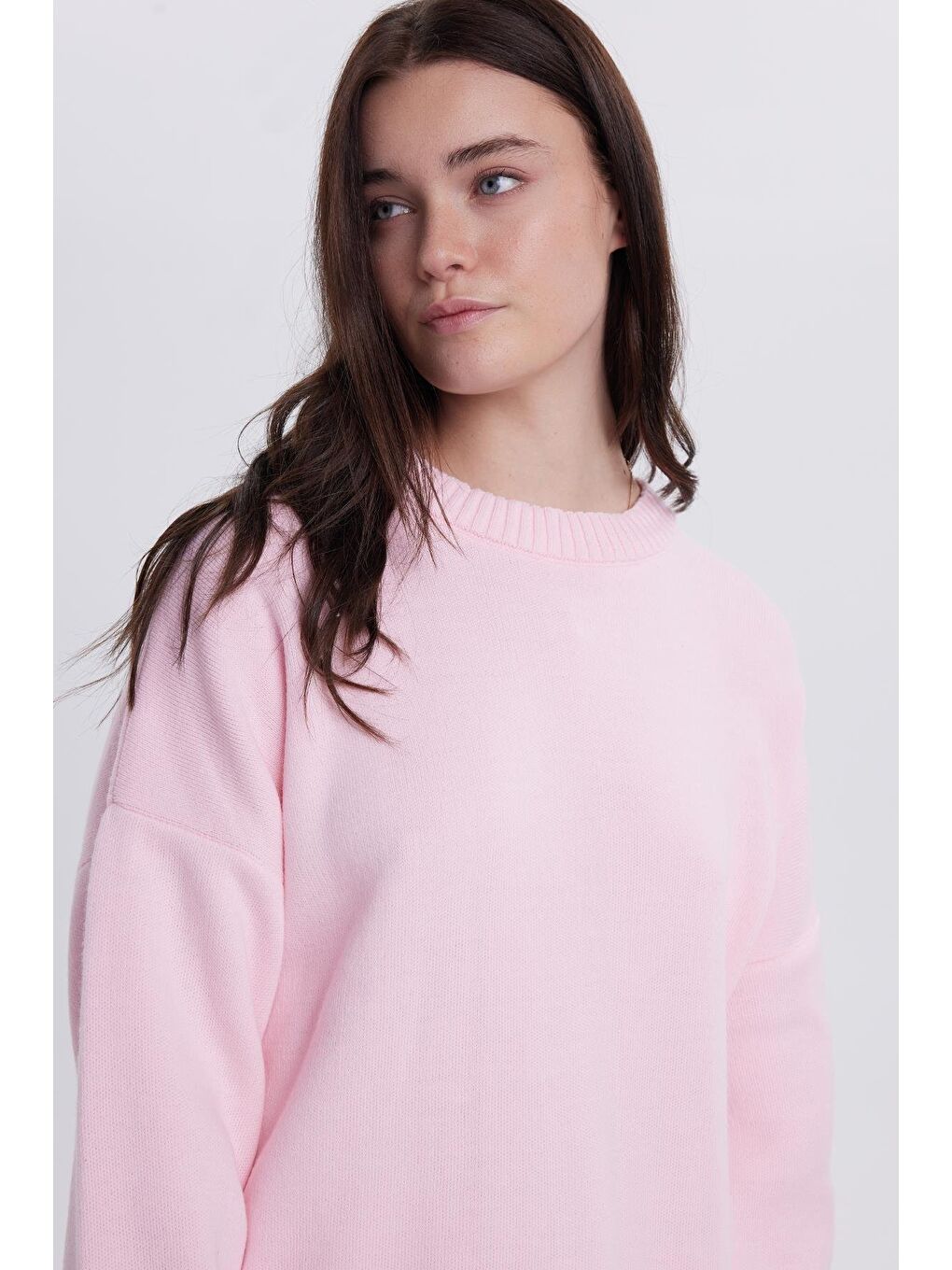 Kadın Oversize Geniş Kesim Bisiklet Yaka Pembe Kazak-1