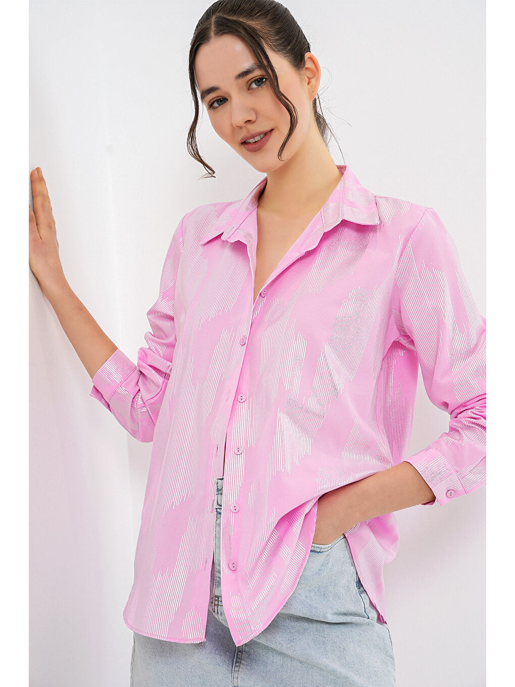 Kadın Varak Desenli Gömlek 20253 - A. Pembe-3