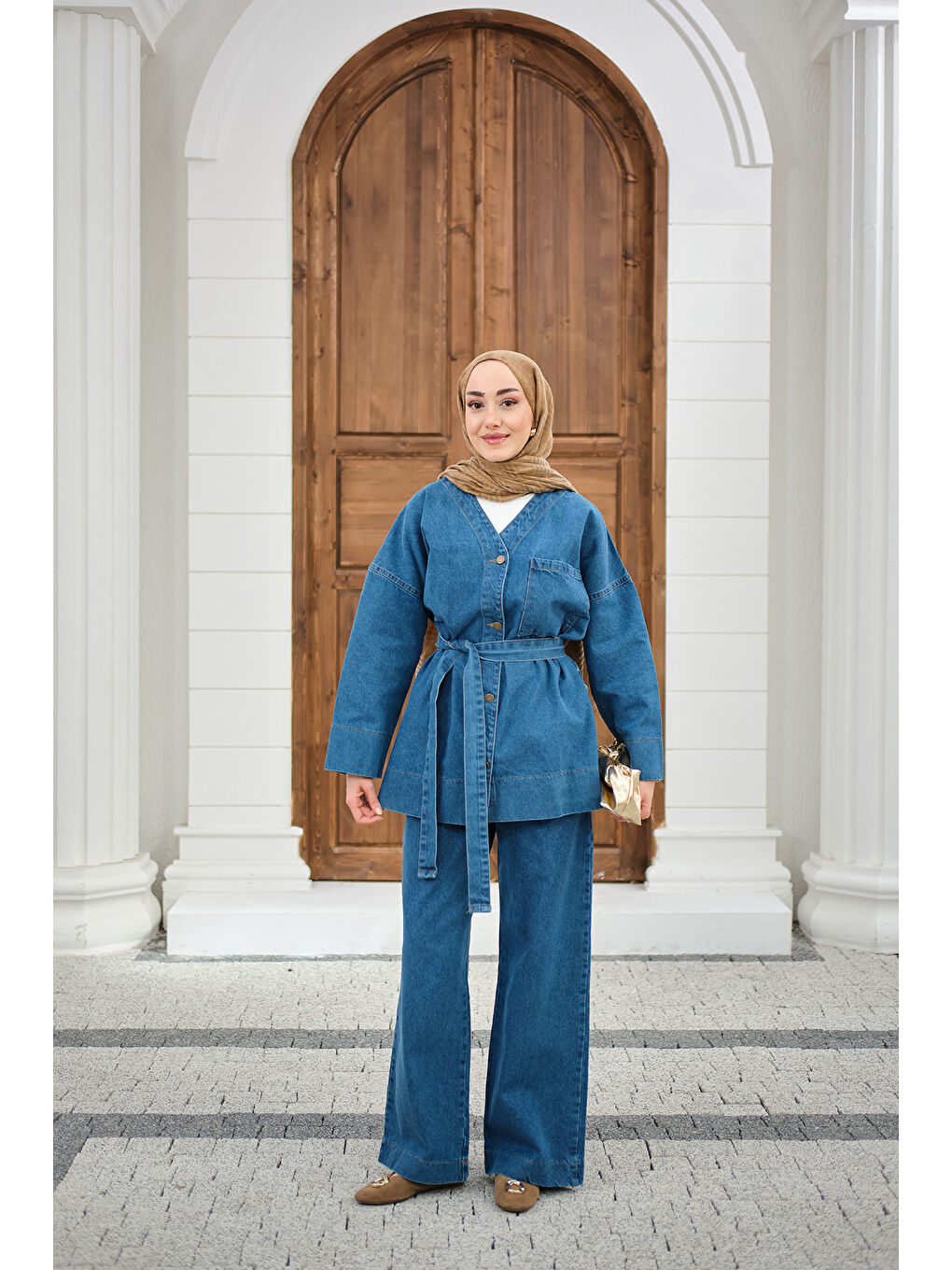 Kadın Cep Detay Bel Bağlamalı Jean Takım Mavi-2