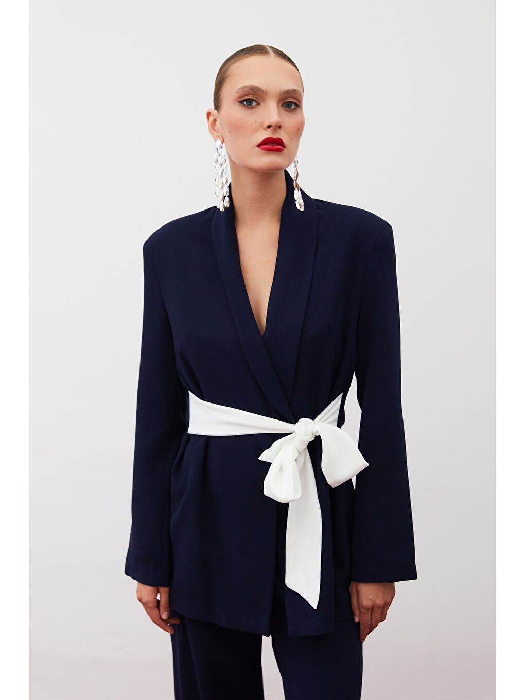 Beli Kuşaklı Uzun Ceket - Lacivert-7