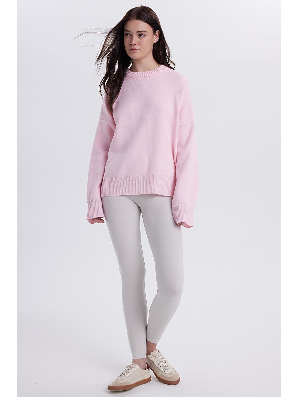 Kadın Oversize Geniş Kesim Bisiklet Yaka Pembe Kazak-3