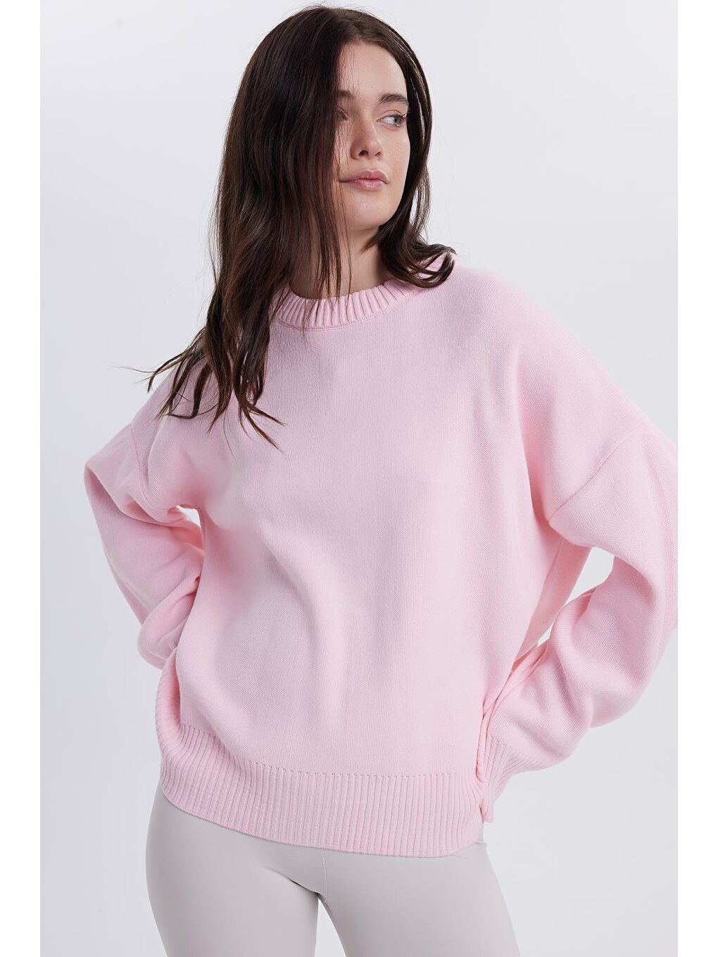 Kadın Oversize Geniş Kesim Bisiklet Yaka Pembe Kazak-4