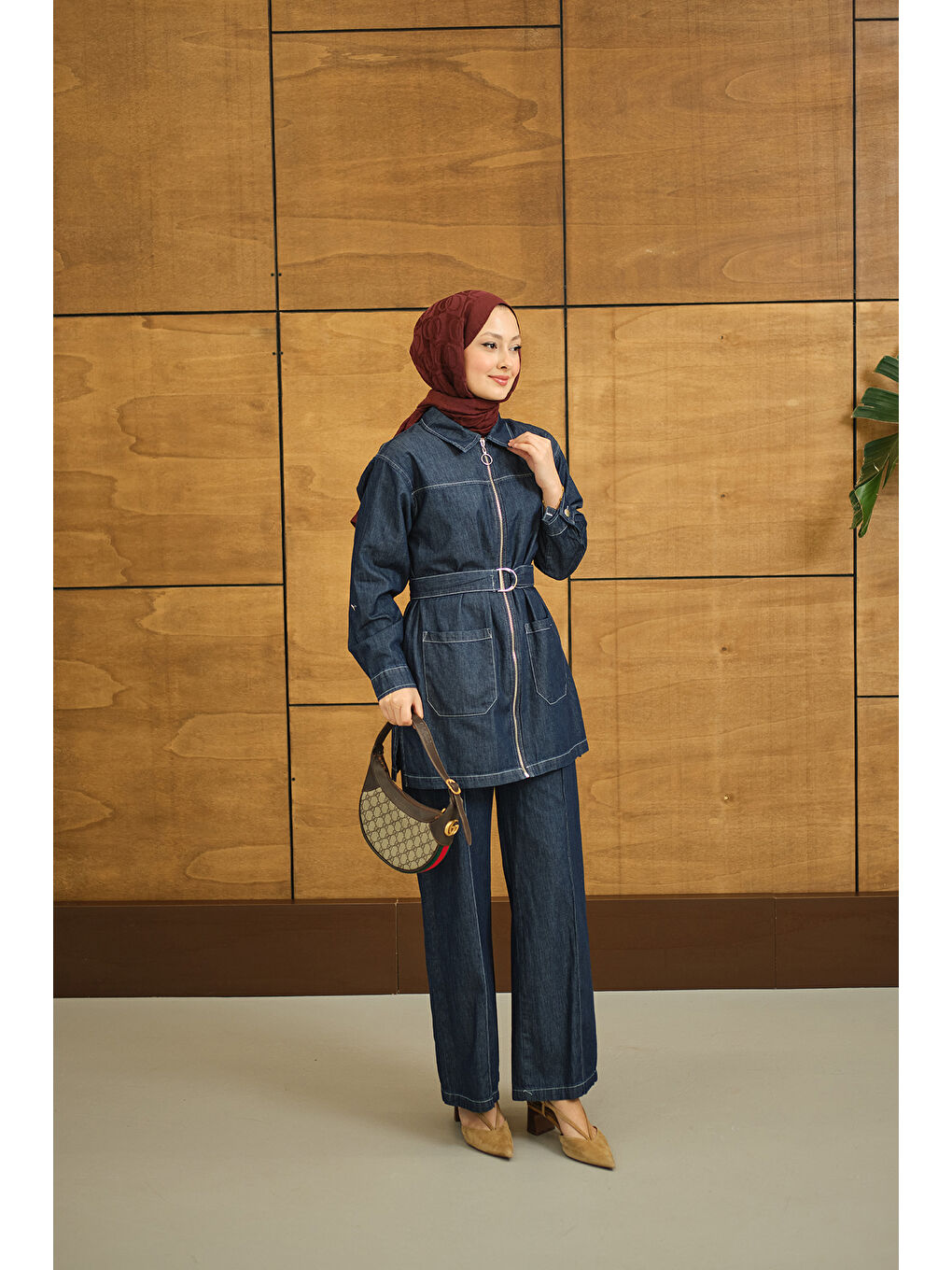 Kadın Gömlek Yaka Fermuarlı Takım Lacivert-1