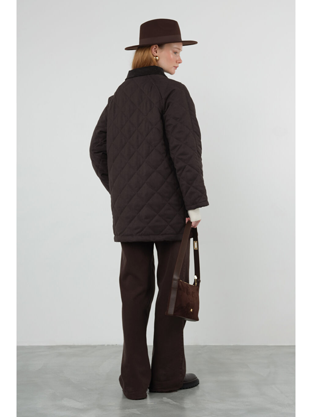 Kahverengi Süet Kapitone Mont Acı Kahve-3