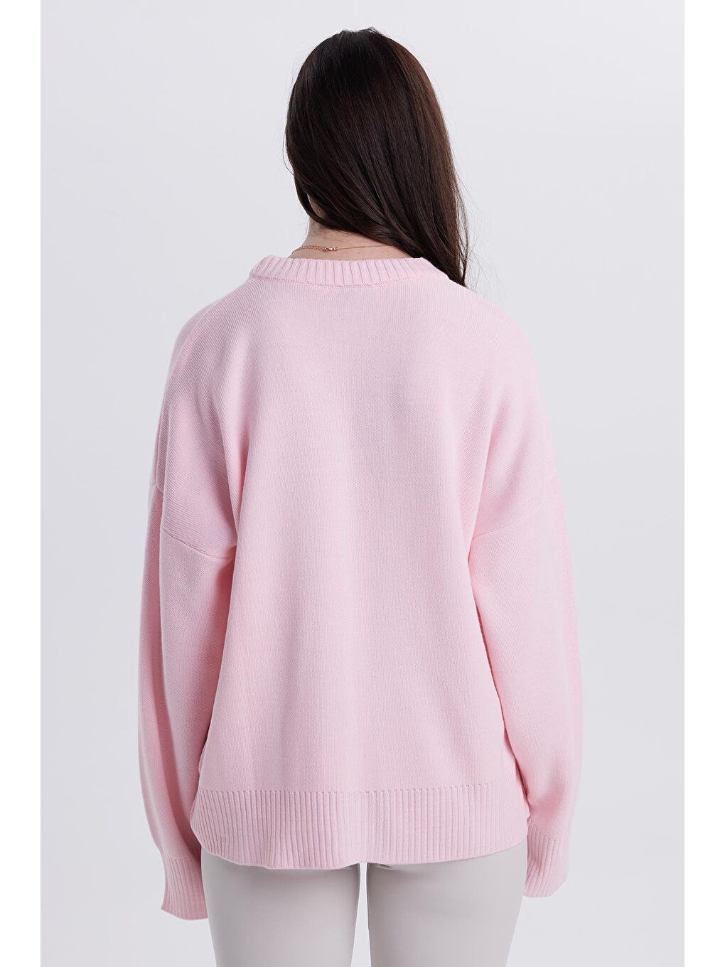 Kadın Oversize Geniş Kesim Bisiklet Yaka Pembe Kazak-6