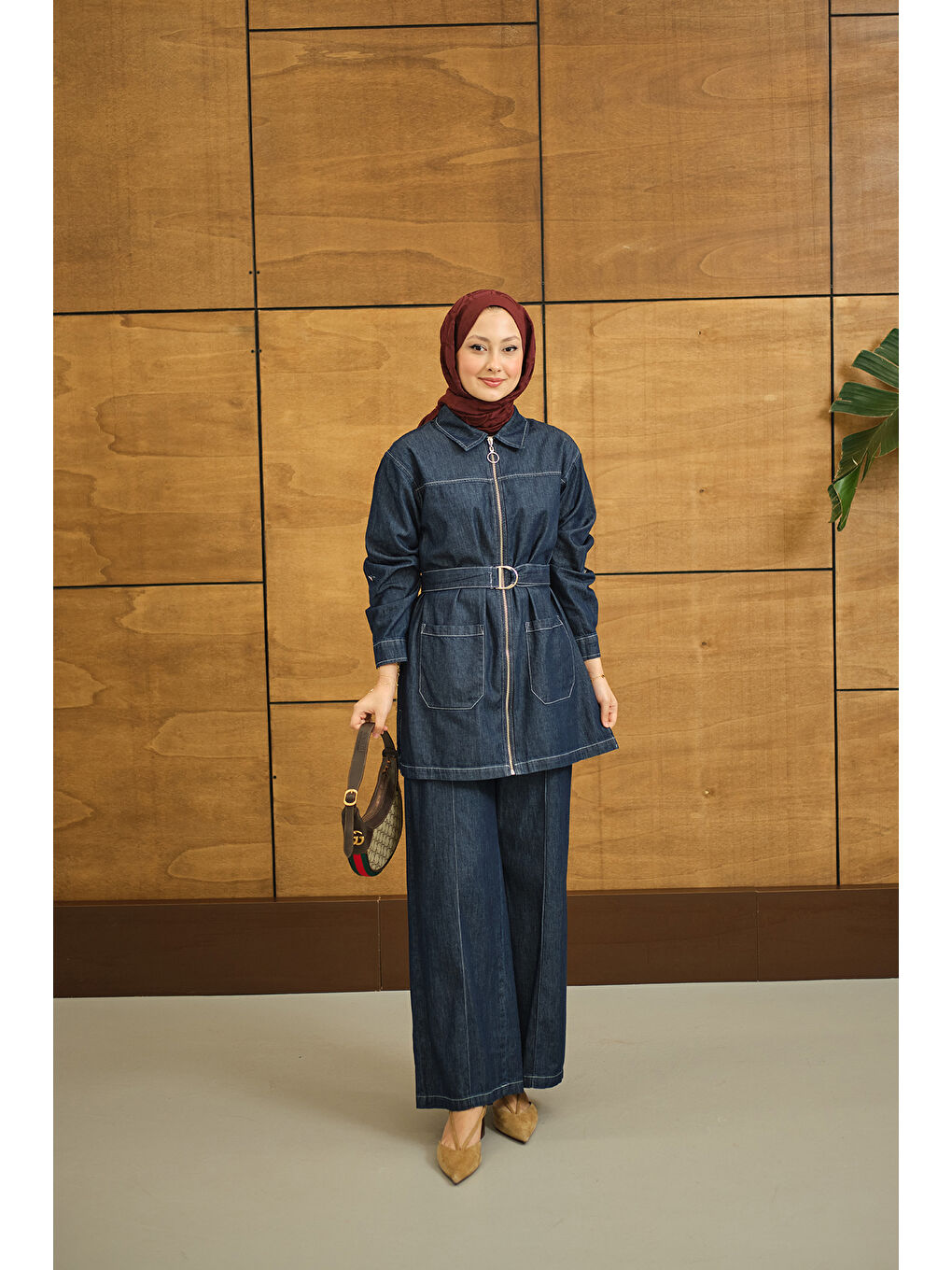 Kadın Gömlek Yaka Fermuarlı Takım Lacivert-2